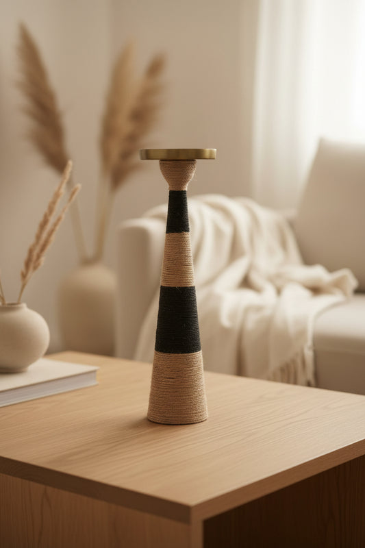 Grand Bougeoir Upcyclé en Métal Doré – Corde Naturelle & Noire