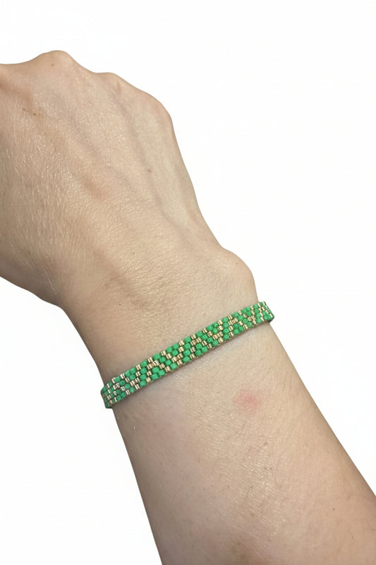 Bracelet tissé perles Miyuki – Vert & doré, motif graphique, taille réglable