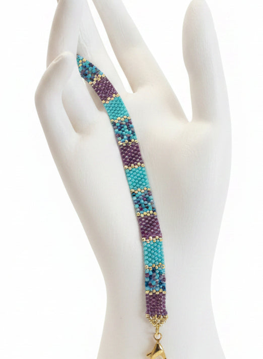 Bracelet Tissé à Rayures Agatha – Perles Miyuki Dorées & Turquoise