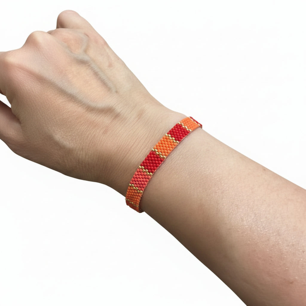 Bracelet tissé Miyuki – Rayures Orange, Rouge & Doré