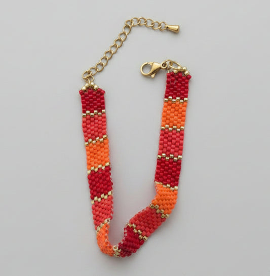 Bracelet tissé Miyuki – Rayures Orange, Rouge & Doré