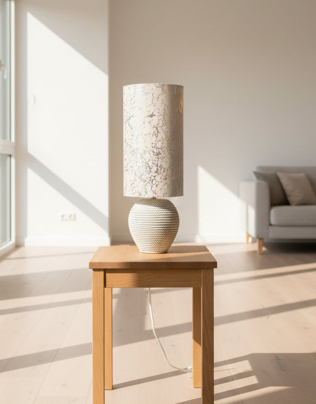 Lampe Upcyclée Abat-Jour Beige & Argenté — Pièce Unique