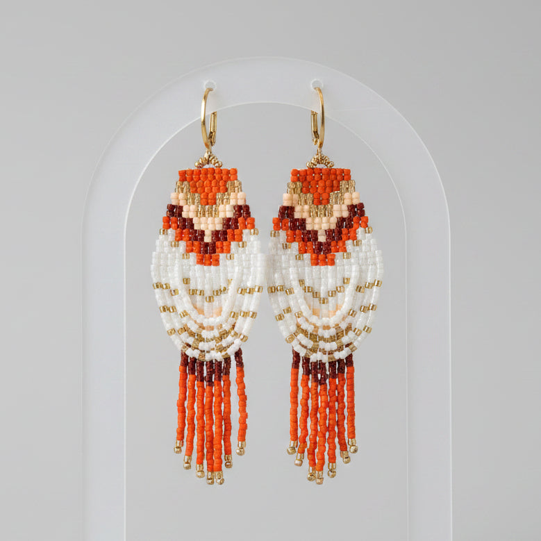 Boucles d'Oreilles Tissées & Franges — Perles Miyuki Tons Chauds