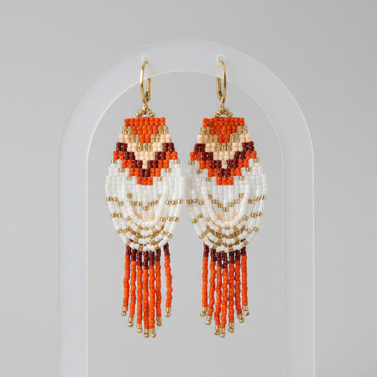 Boucles d'Oreilles Tissées & Franges — Perles Miyuki Tons Chauds