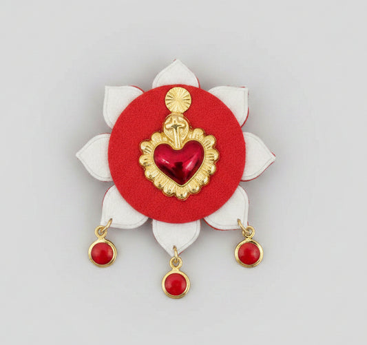 Broche Artisanale Cuir & Cœur Exvoto — Rouge & Doré