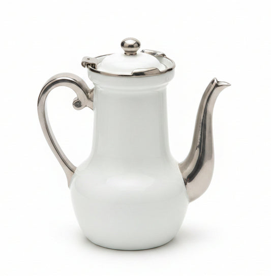 Théière vintage Aluminite Frugier – Porcelaine de Limoges blanc & argent