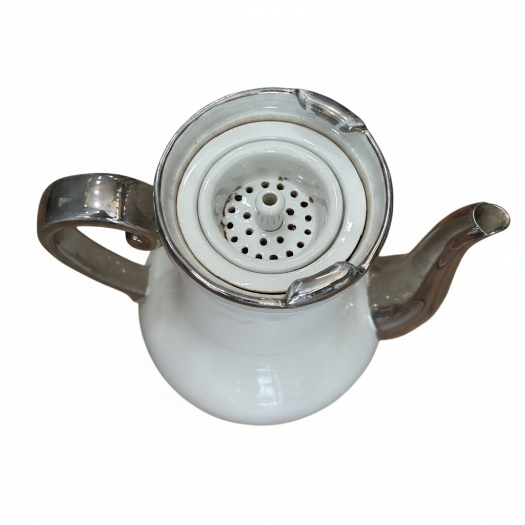 Théière vintage Aluminite Frugier – Porcelaine de Limoges blanc & argent