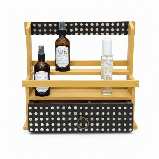 Étagère upcyclée – Peinture curry & papier népalais noir à pois blancs