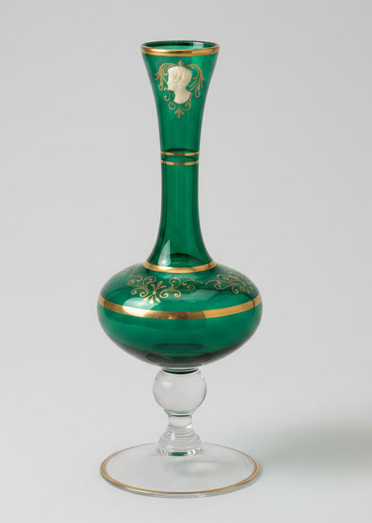 Vase soliflore vintage – Vert émeraude, décors dorés & camée – Origine italienne