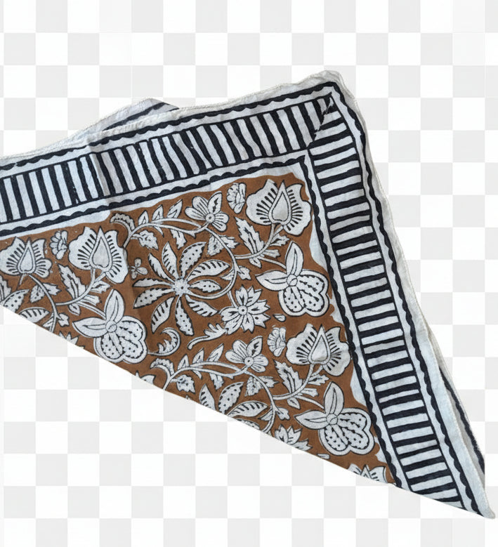 Bandana 100% coton fait en Inde – Motifs ethniques noir, brun & beige