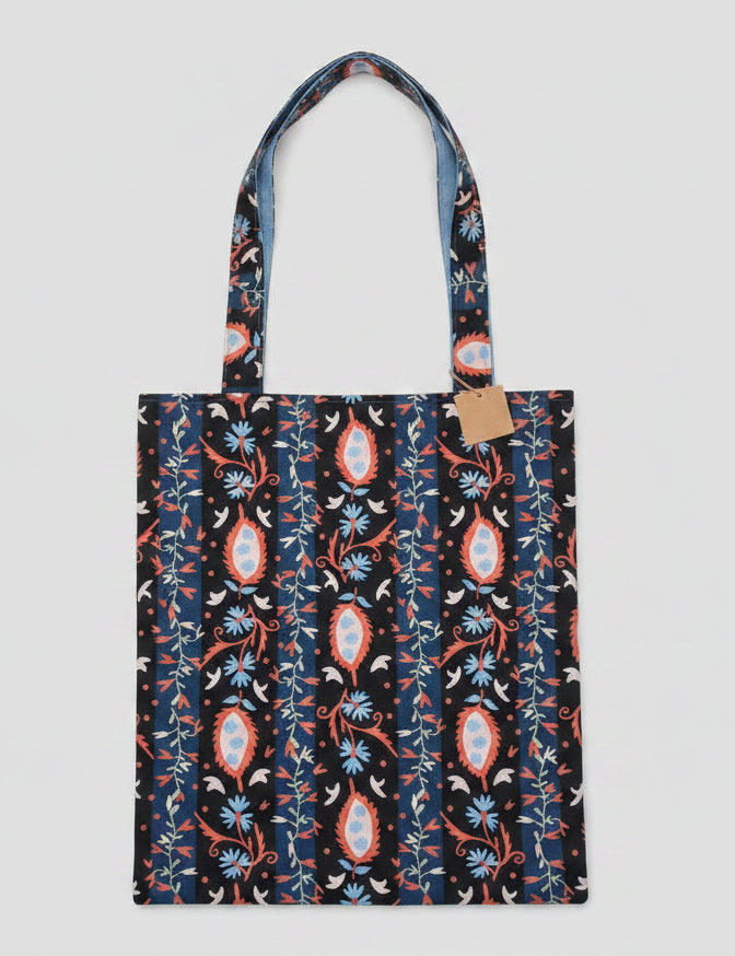 Tote Bag en coton Réversible Artisanal — Imprimé Graphique & Face Unie Bleu-Gris