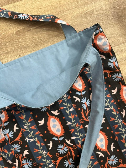 Tote Bag en coton Réversible Artisanal — Imprimé Graphique & Face Unie Bleu-Gris