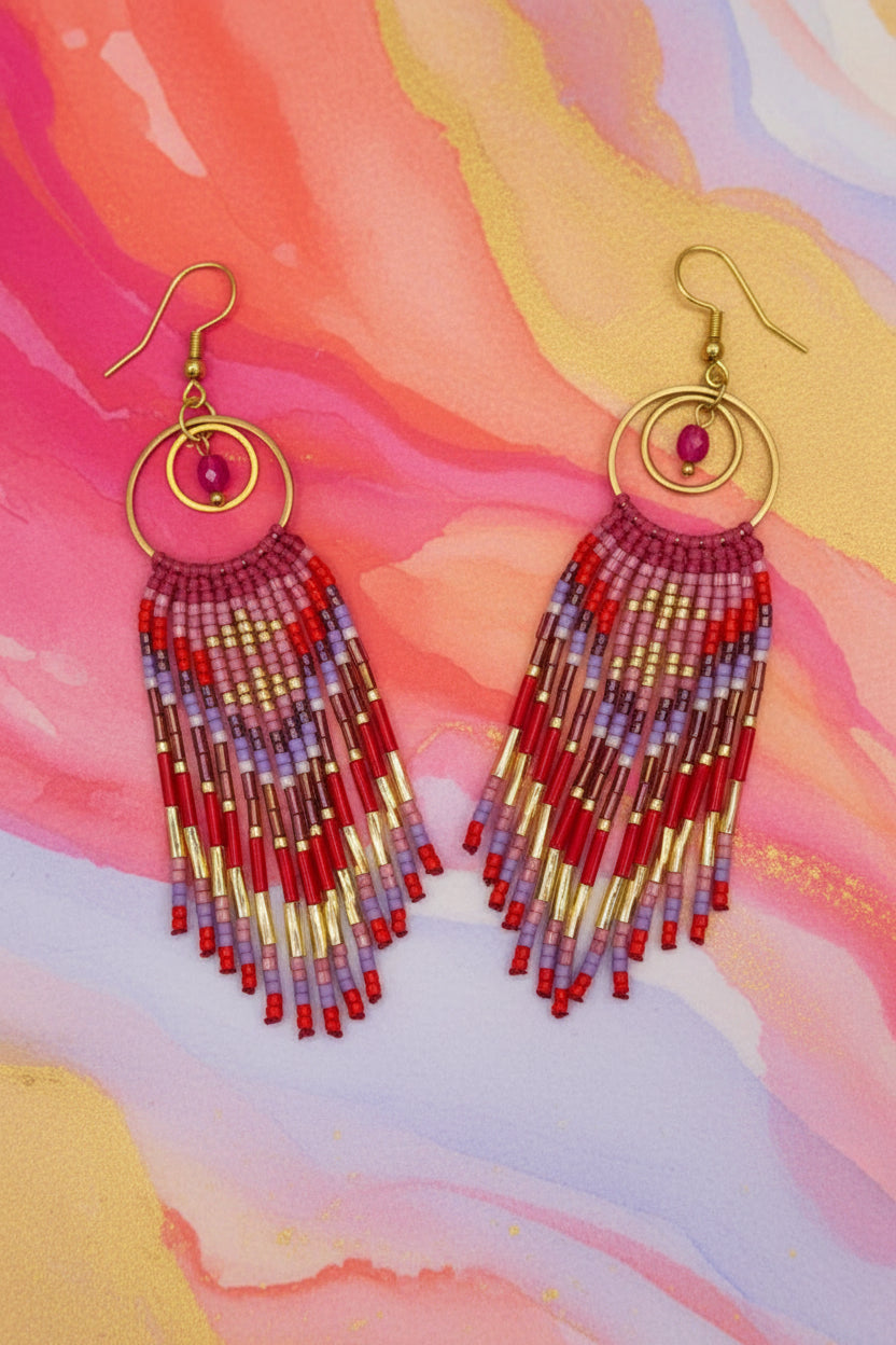 Grandes Boucles d'Oreilles Cheyenne à Franges — Micro-Macramé & Perles Miyuki