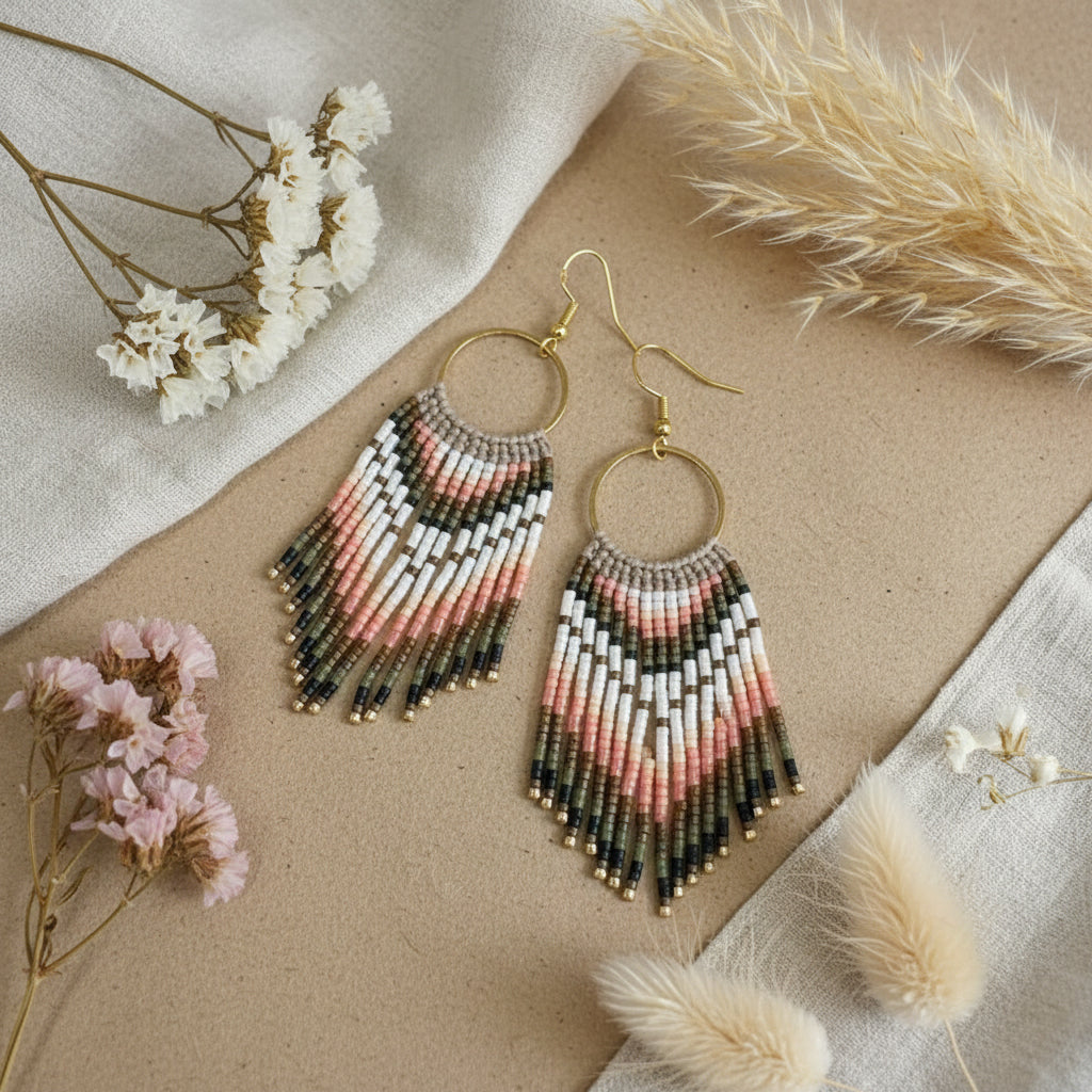 Boucles d'Oreilles Cheyennes à Franges — Micro-Macramé & Perles Miyuki Dégradé Saumon