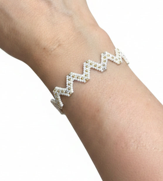 Bracelet Tissé Zig Zag Écru & Doré