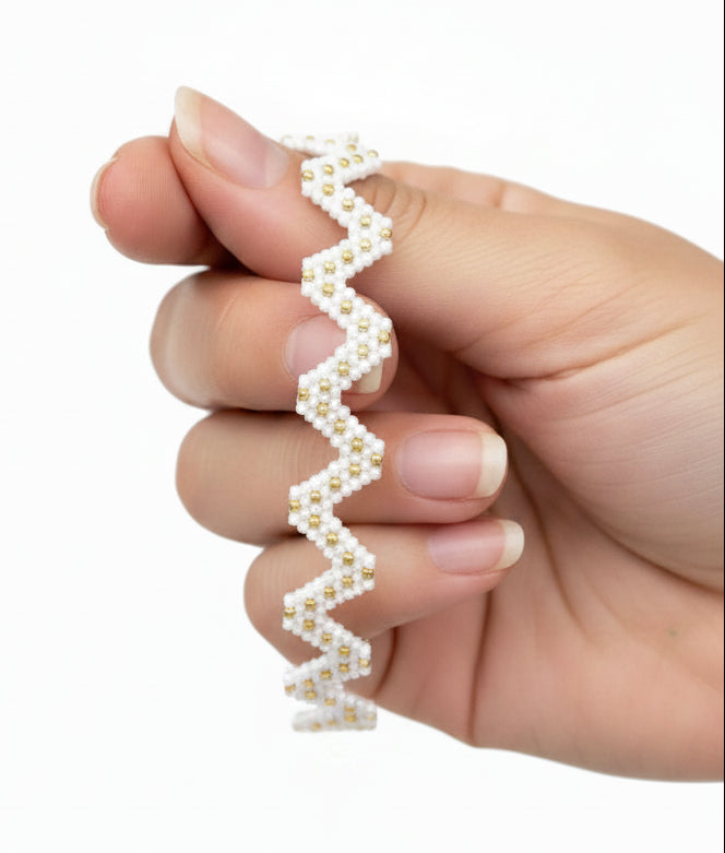 Bracelet Tissé Zig Zag Écru & Doré