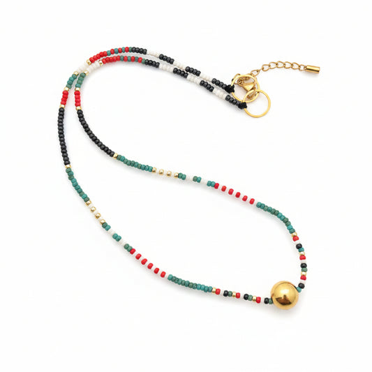 Collier de Perles de Rocailles Miyuki – Turquoise, rouge & doré, fait main