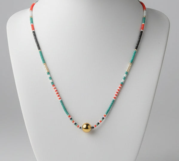 Collier de Perles de Rocailles Miyuki – Turquoise, rouge & doré, fait main