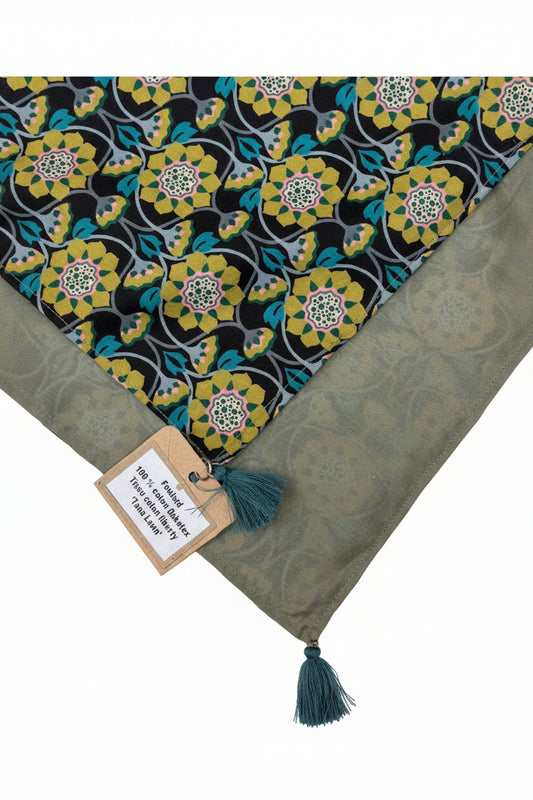 Foulard Liberty Tana Lawn – Coton fleuri & pompons bleu canard