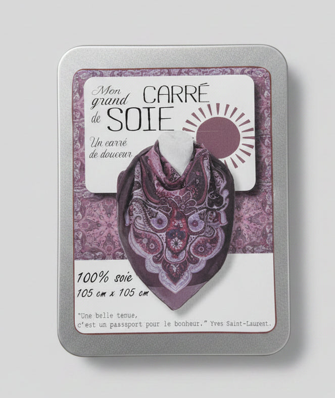 Grand Carré en Soie 105×105 cm – Imprimé rose & violet, coffret alu inclus