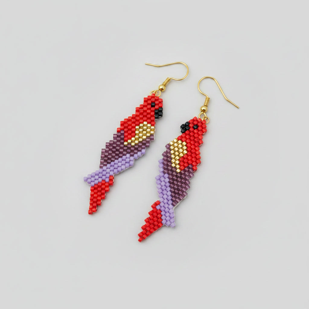 Boucles d'oreilles Perroquet – Tissage Perles Miyuki Rouge, Doré & Mauve – Linédite