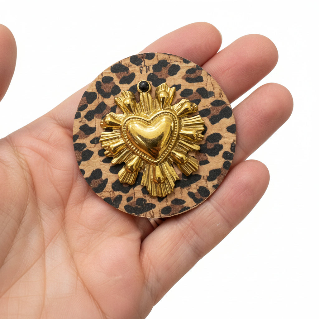 Broche Tissu Liège Léopard & Cœur Ex-Voto Doré
