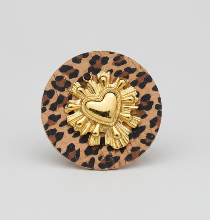 Broche Tissu Liège Léopard & Cœur Ex-Voto Doré