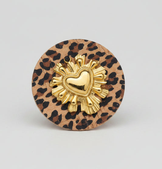 Broche Tissu Liège Léopard & Cœur Ex-Voto Doré