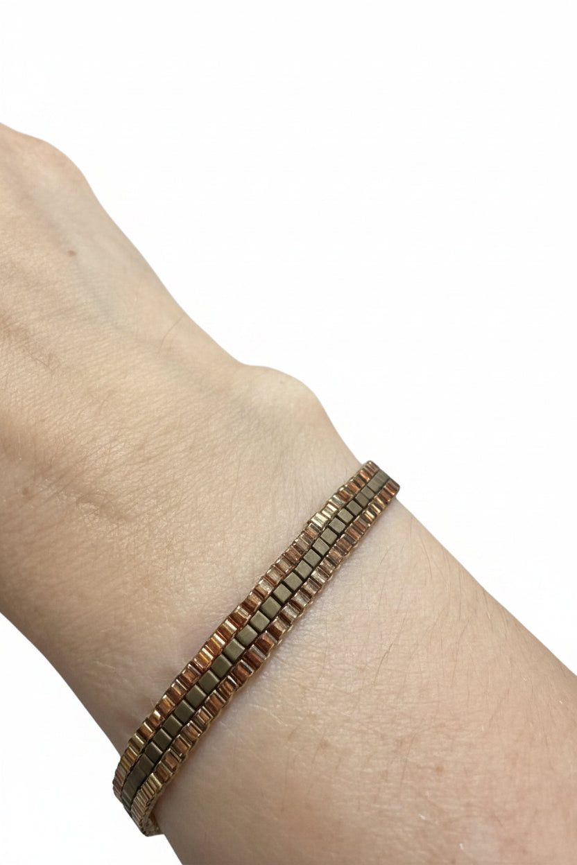 Bracelet Tissé Perles cubes Bronze & Mordoré