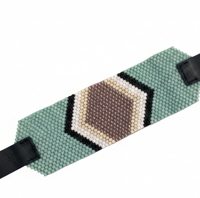 Manchette Tissée Perles Miyuki & Cuir Noir – Réglable