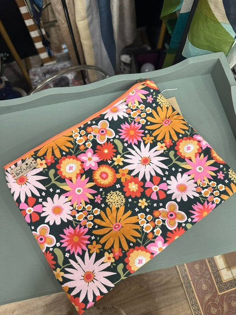 Grande Pochette en Coton Fleuri & Fleur en Cuir Irisé
