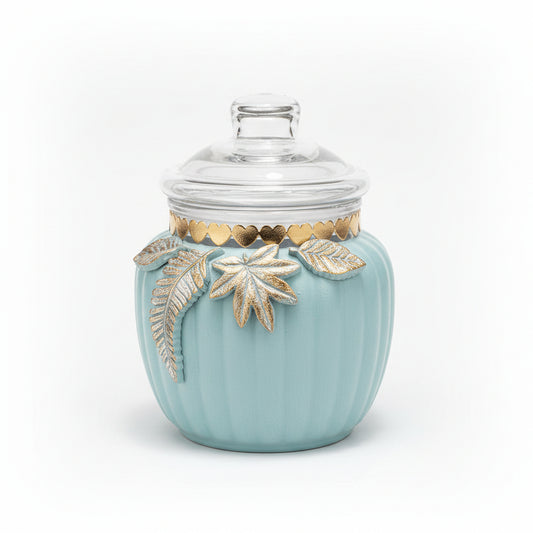 Pot en verre upcyclé peint bleu grisé & feuillages argile dorés