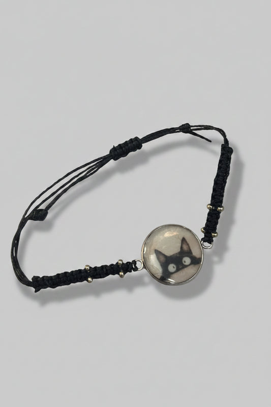 Bracelet macramé noir — Cabochon chat noir