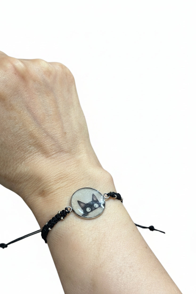 Bracelet macramé noir — Cabochon chat noir