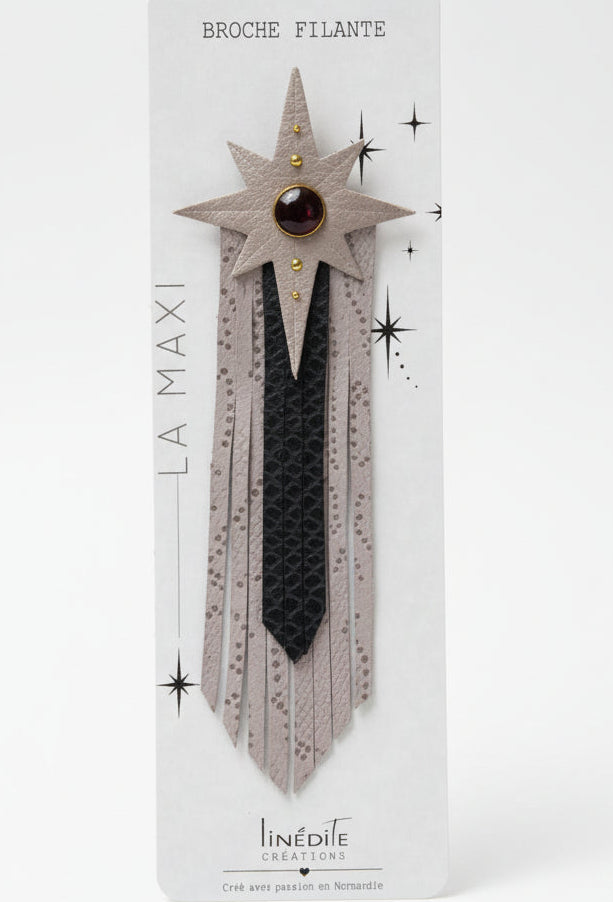 Grande Broche Filante en Cuir beige et noir – Étoile & Franges