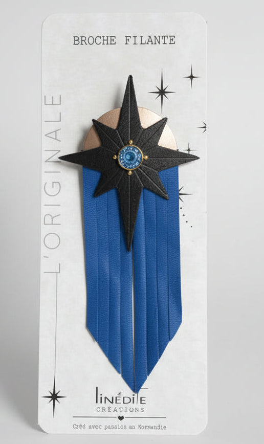 Broche Filante en cuir – bleu et noir