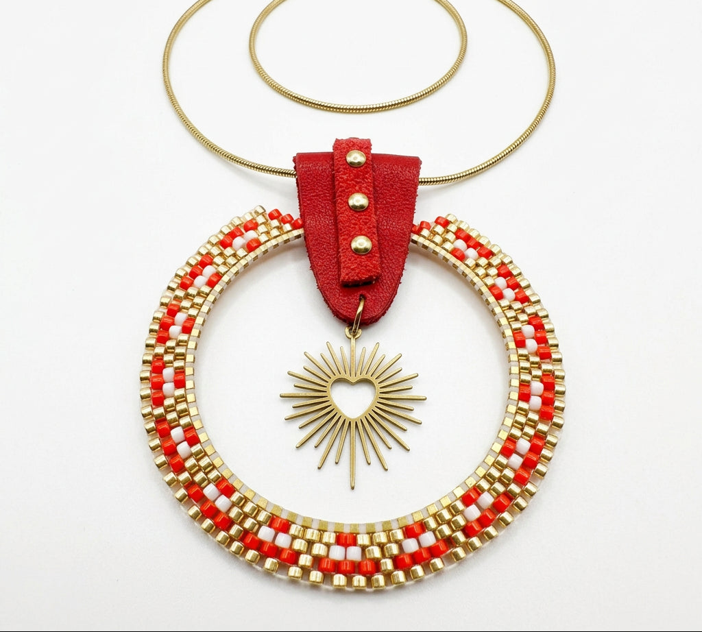 Collier tissé rouge et doré