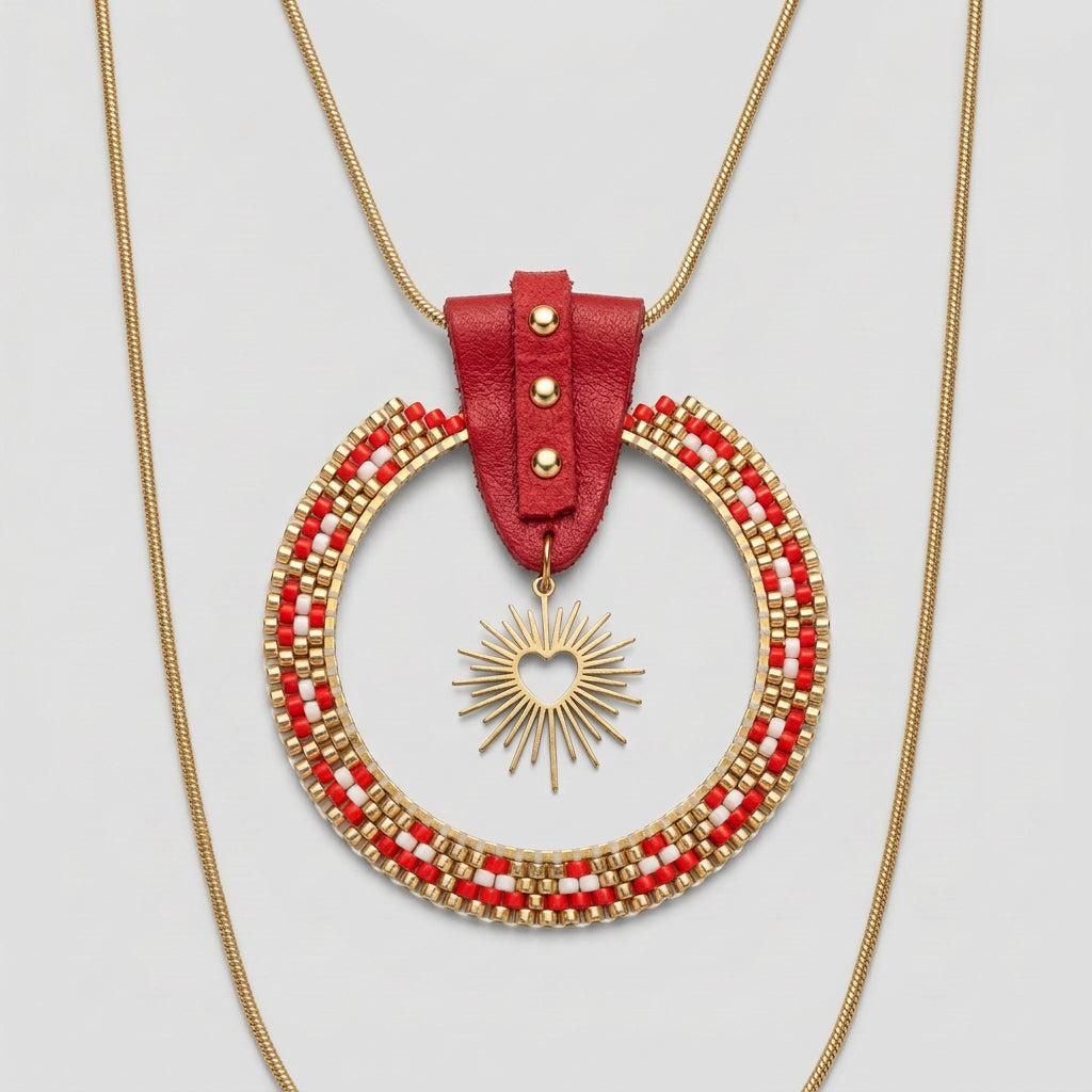 Collier tissé rouge et doré