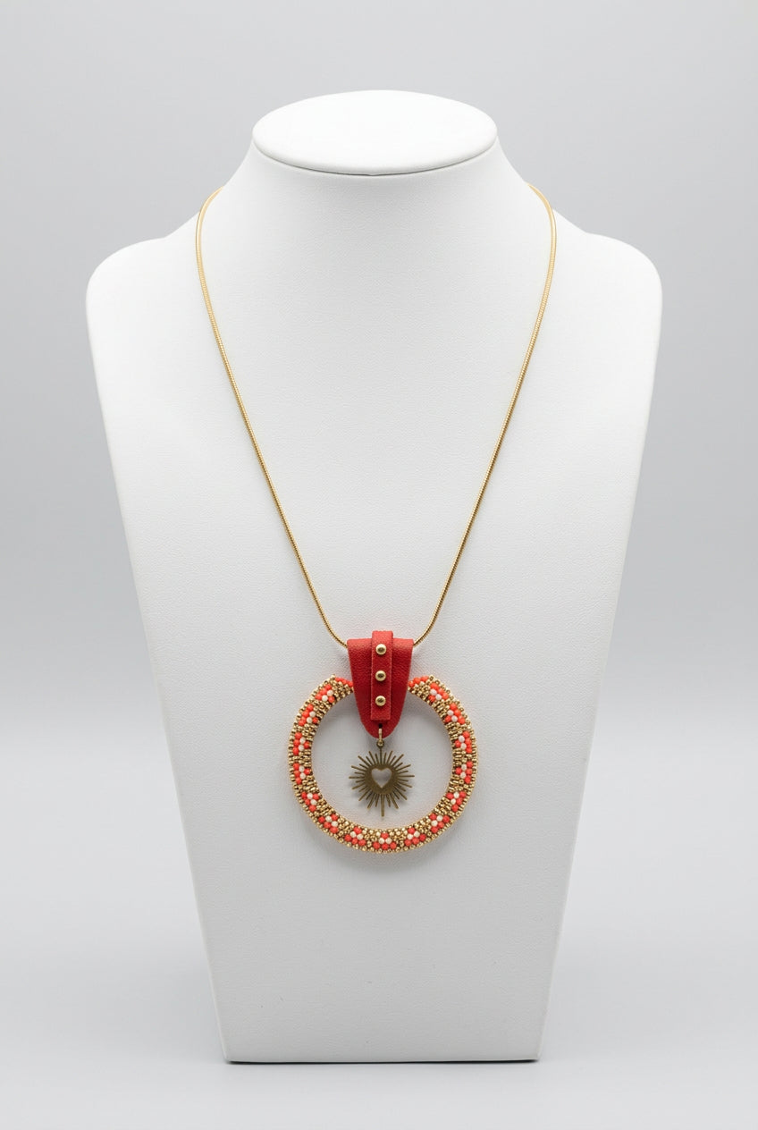 Collier tissé rouge et doré