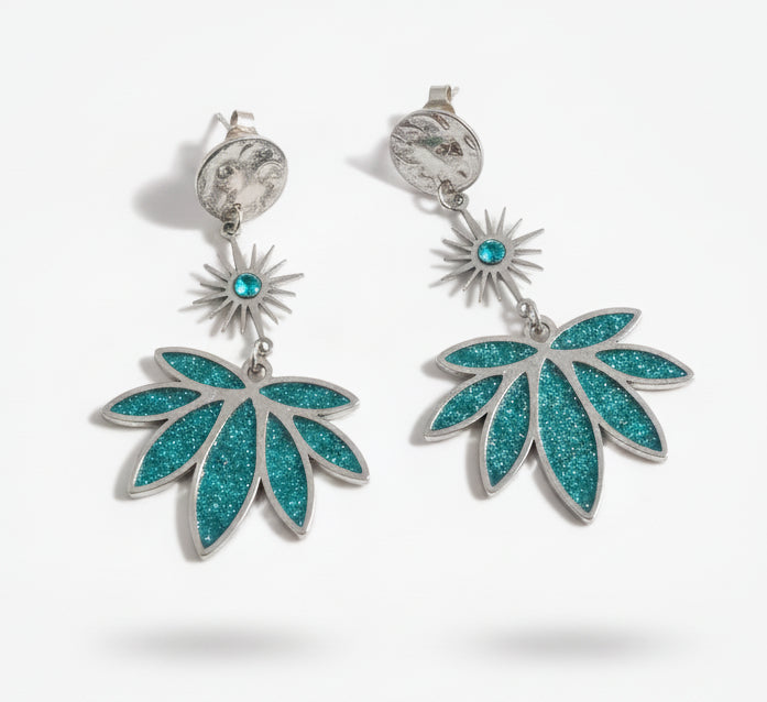 Boucles d'Oreilles Florales – Acier Inoxydable & Résine Bleue Pailletée