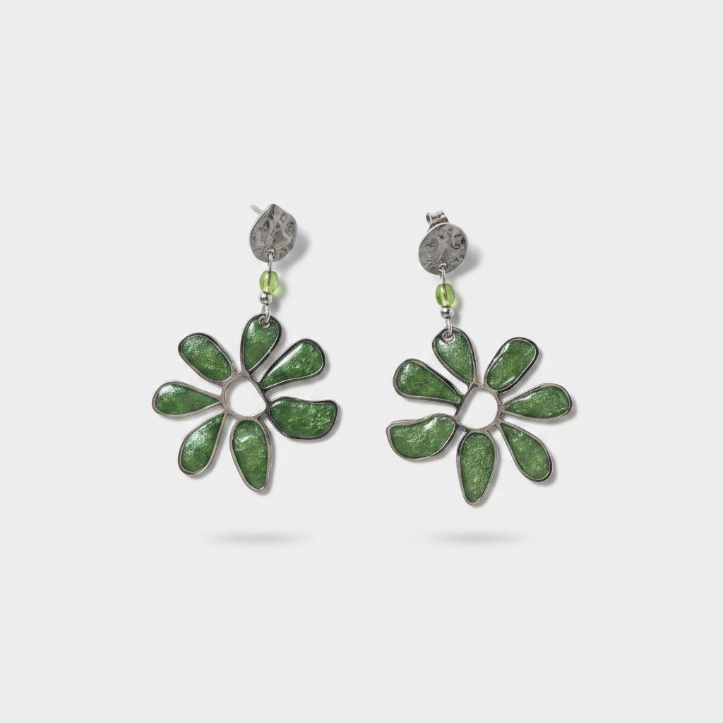Boucles d'oreilles fleur – Acier inoxydable & résine irisée vert kaki