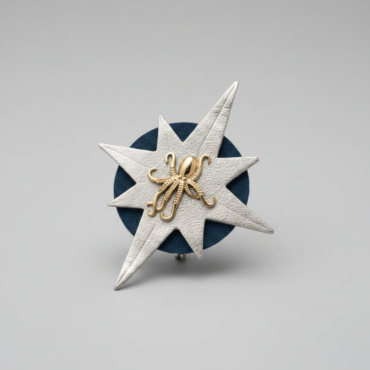 Originelle Brosche – Goldener Lederstern, Entenblaues Rund & Oktopus aus Stahl
