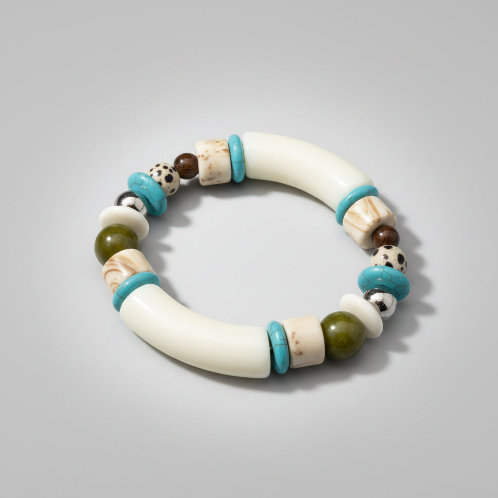 Bracelet élastique écru & turquoise – Perles tubes acrylique
