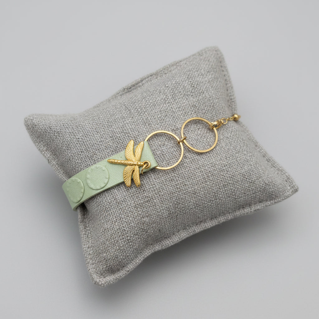 Bracelet Cuir Irisé & Acier Doré – Libellule
