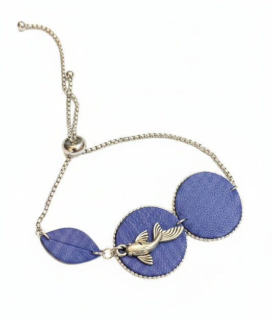 Adjustable royal blue leather bracelet with silver koi carp