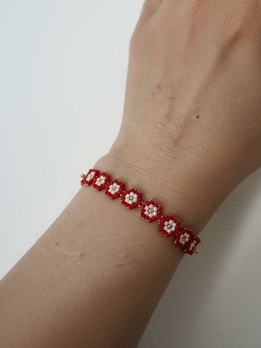 Bracelet tissé fleurs de cerisier – Perles Miyuki rouge, écru & jaune