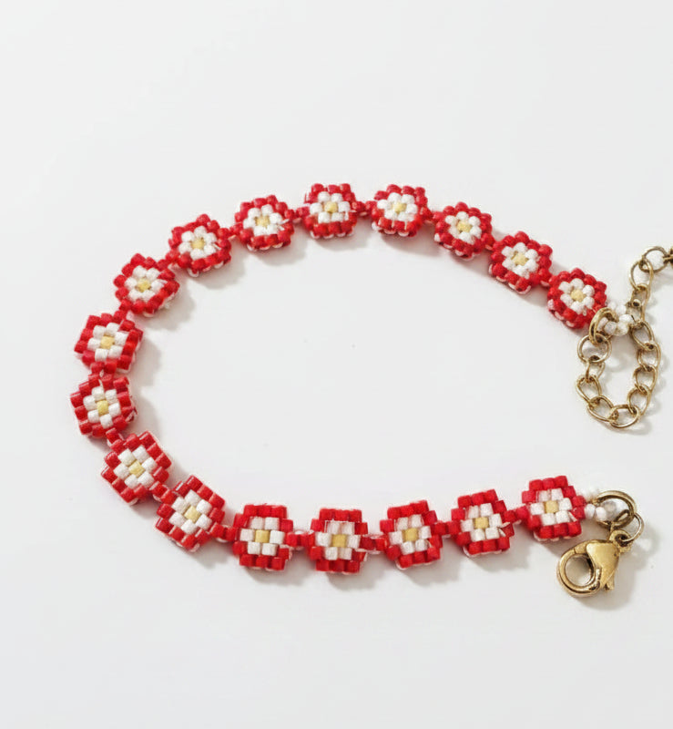 Bracelet tissé fleurs de cerisier – Perles Miyuki rouge, écru & jaune