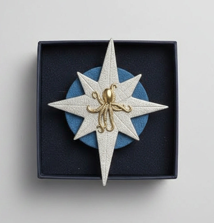 Broche originale – Étoile cuir doré, rond bleu canard & poulpe acier