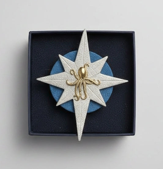 Originelle Brosche – Goldener Lederstern, Entenblaues Rund & Oktopus aus Stahl