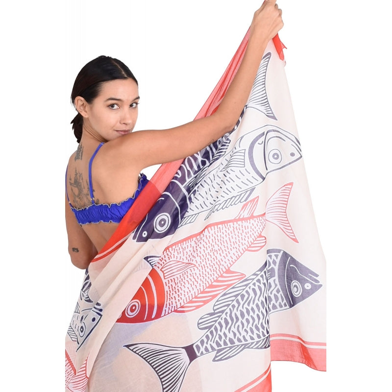 Étole 100 % coton imprimé poissons – Beige, bleu & rouge